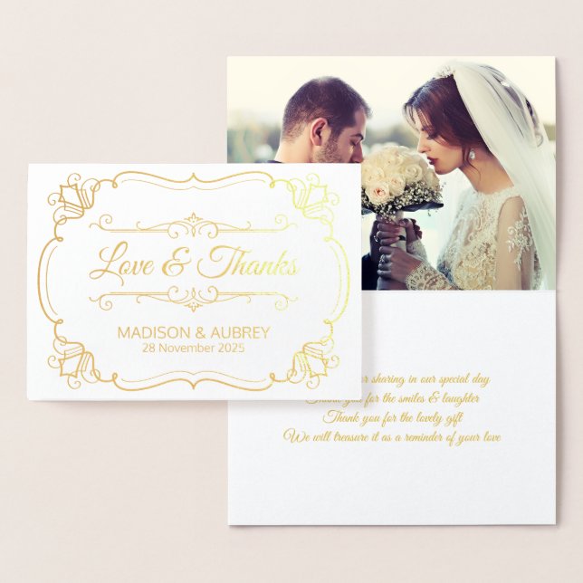 Carte Dorée Amour & Merci Merci de mariage élégant Votre photo (Affichage)