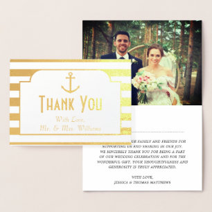 Carte Dorée Ancre nautique rayures Mariage photo Merci