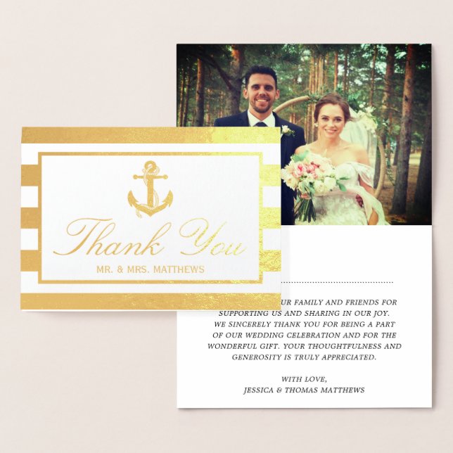 Carte Dorée Ancre nautique rayures Mariage photo Merci (Affichage)