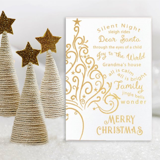 Carte Dorée Arbre de Noël élégant sur blanc (Enjoy the holidays with this swirly elegant gold foil card with words surrounding Christmas.)