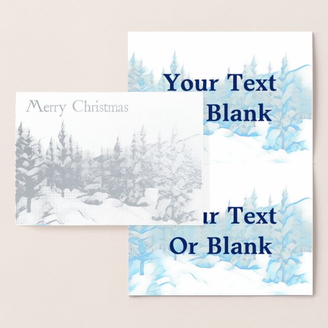Carte Dorée Arbres bleus neigeux - Joyeux Noël (Affichage)