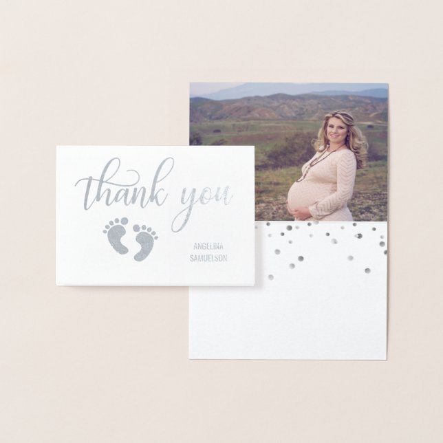 Carte Dorée Baby shower de MERCI en argent FOIL | PHOTO (Affichage)