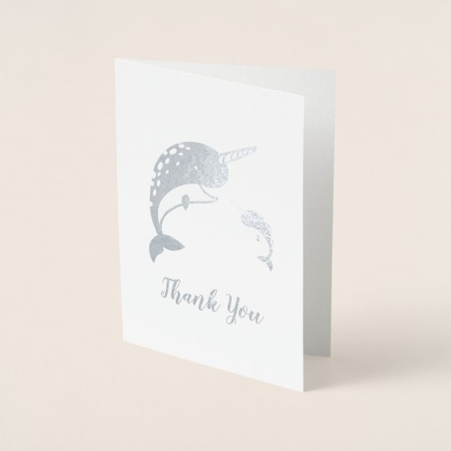 Carte Dorée Baby shower Narwhal Blue Boy Whale (Devant)