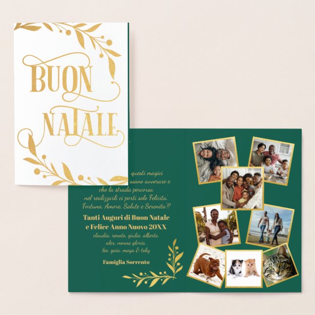 Carte Dorée Baies d'or Buon Natale Green Photo Collage (Affichage)