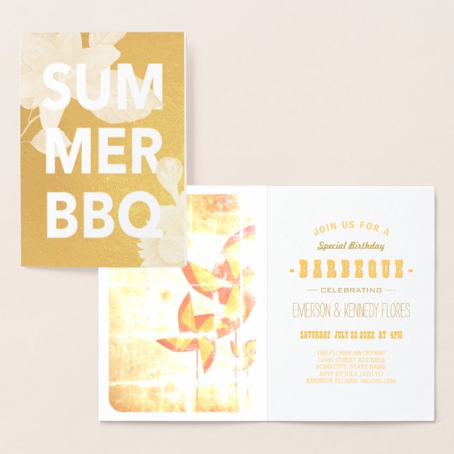 Carte Dorée BBQ d'été en feuille d'or florale (Affichage)