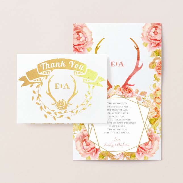 Carte Dorée Boho Bohemian Deer Antler et Rose Pink Mariage (Affichage)