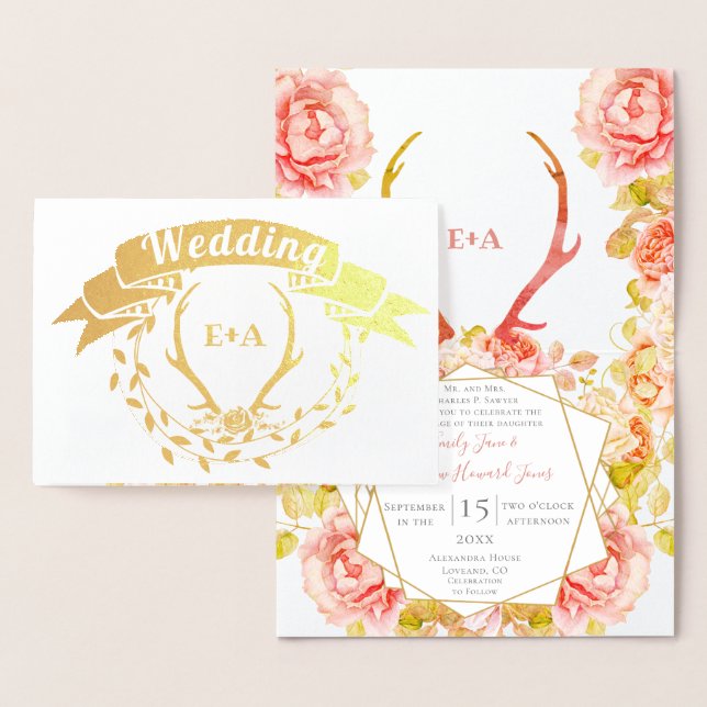 Carte Dorée Boho Bohemian Deer Antler et Rose Pink Mariage i (Affichage)
