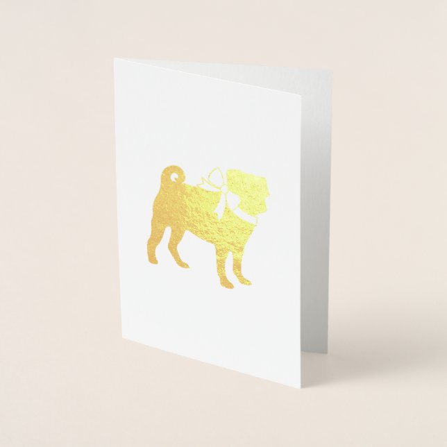 Carte Dorée Carlin Chien Baby shower Garçon Bleu avec Bow (Devant)