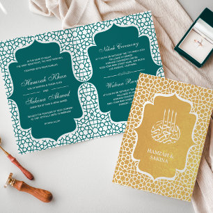 Carte Dorée Carton d'invitation de mariage musulman sarcelle P