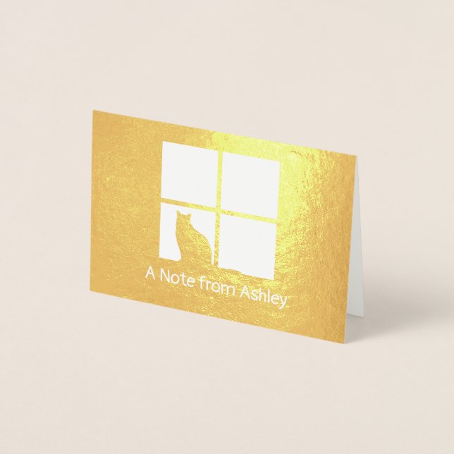 Carte Dorée Chat dans la fenêtre Élégant unique "A Note from"  (Devant)