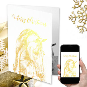 Carte Dorée Cheval dessin vrai feuille Joyeux Noël