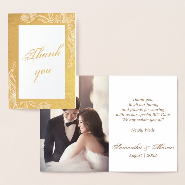 Carte Dorée Chic Gold Faux Metal Photo Mariage Merci Real (Affichage)
