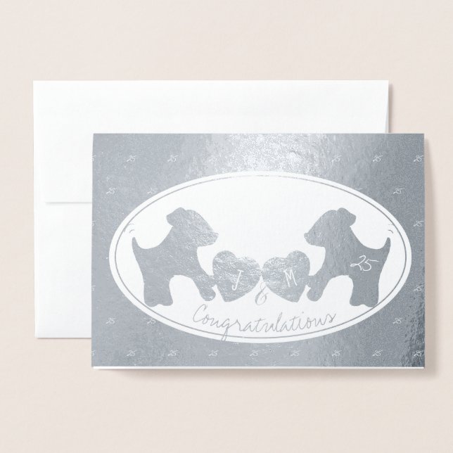 Carte Dorée Chien 25e anniversaire mariage d'argent (Devant avec enveloppe)