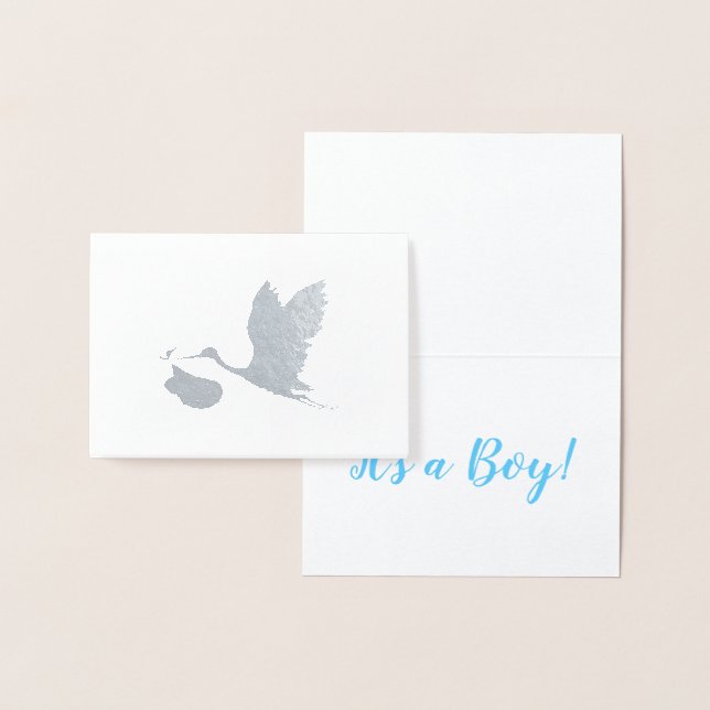 Carte Dorée cigogne d'argent avec bébé C'est un garçon Faire-p (Affichage)