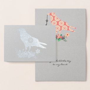 Carte Dorée Clé De Mon Coeur Rose Floral Oiseau Personnalisé V