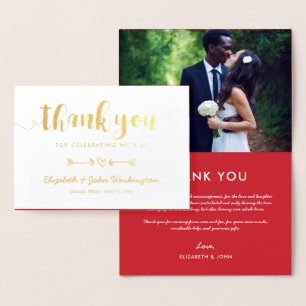 Carte Dorée Coeur et flèches - or et Merci cramoisi de mariage