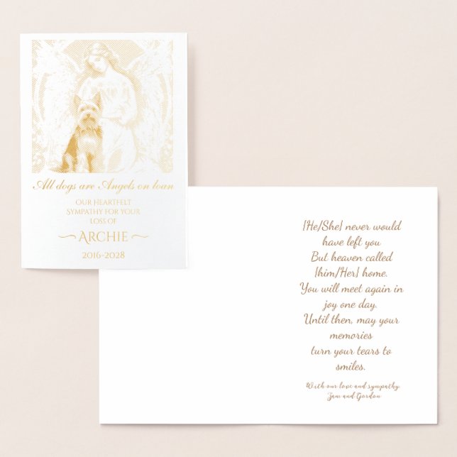 Carte Dorée Condoléances sur la perte du Yorkshire Terrier Cus (Affichage)