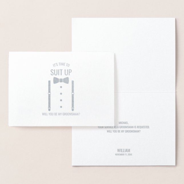 Carte Dorée Cravate Argent Bow sur la proposition de Groomsman (Affichage)
