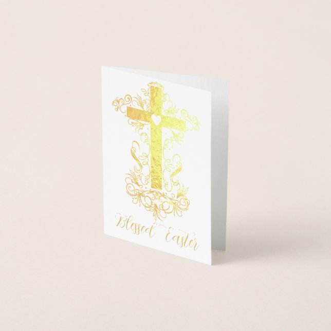 Carte Dorée Croix florissante Pâques (Devant)
