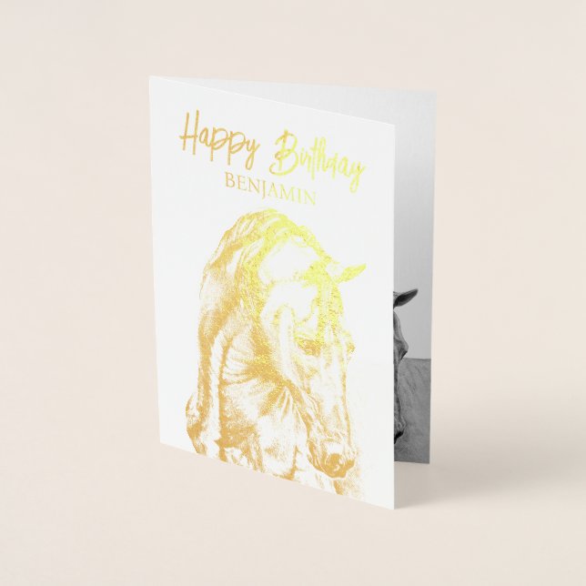 Carte Dorée Dessin de Cheval Joyeux anniversaire pour lui (Devant)