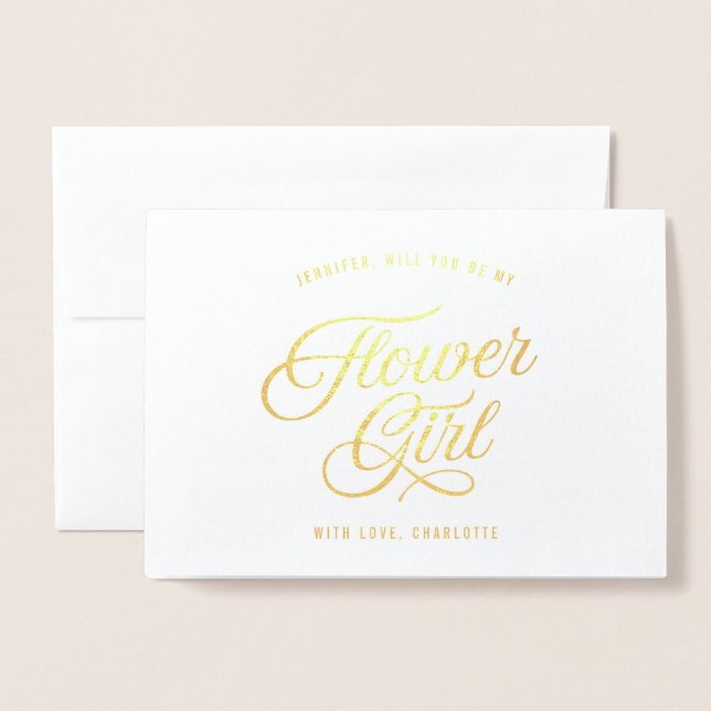 Carte Dorée Écriture Élégante Seras-tu ma Demoiselle Fleuriste (Devant avec enveloppe)