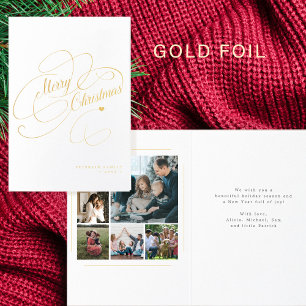 Carte Dorée Élégant 6 photos de famille Joyeux script de Noël