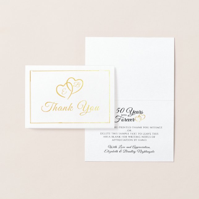 Carte Dorée Élégant Anniversaire Monogramme Coeurs Merci (Affichage)