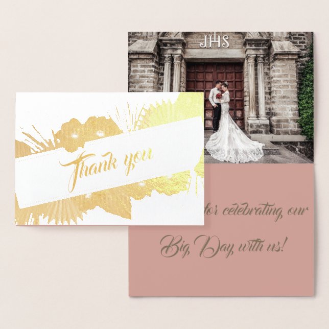 Carte Dorée Elégant Boho Gold Floral Photo Mariage Merci (Affichage)