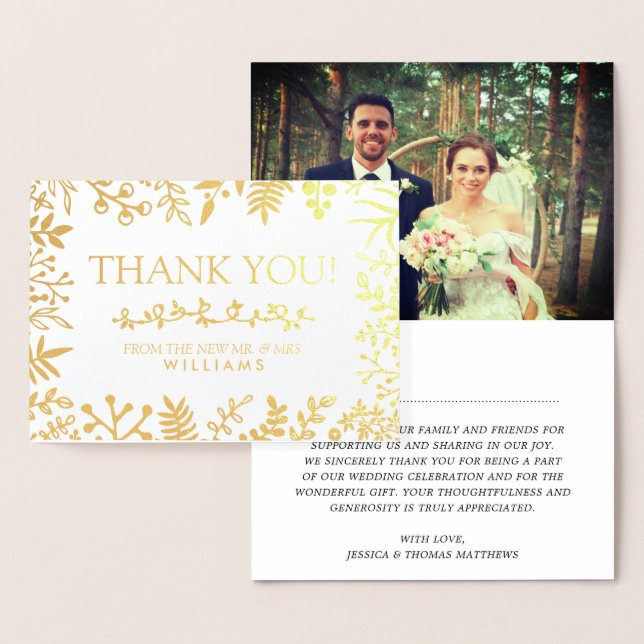 Carte Dorée Élégant feuillage botanique Photo Mariage Merci (Affichage)
