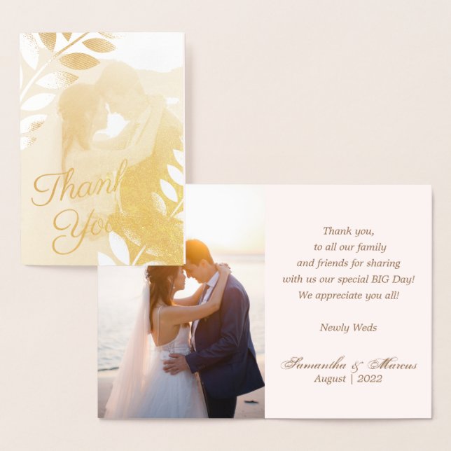 Carte Dorée Elegant Gold Tropical Feuille Mariage Merci Y Phot (Affichage)