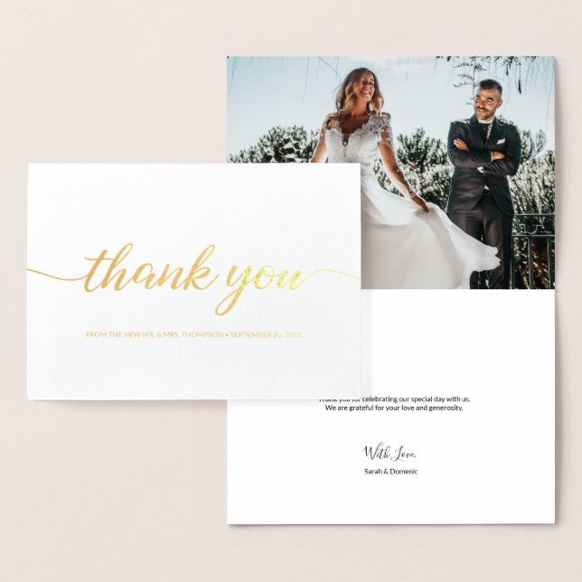 Carte Dorée Élégant Mariage personnalisé Script photo Merci (Affichage)