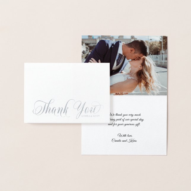 Carte Dorée Élégant Merci d'argent Mariage Calligraphie PHOTO (Affichage)