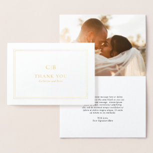 Carte Dorée Élégant Monogramme Mariage photo Merci Or