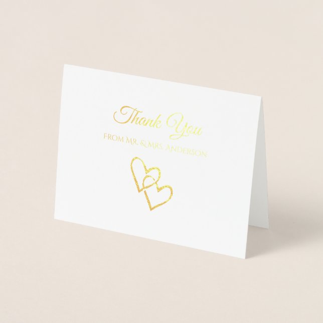 Carte Dorée Elégant or Foil double coeur Mariage Merci (Devant)