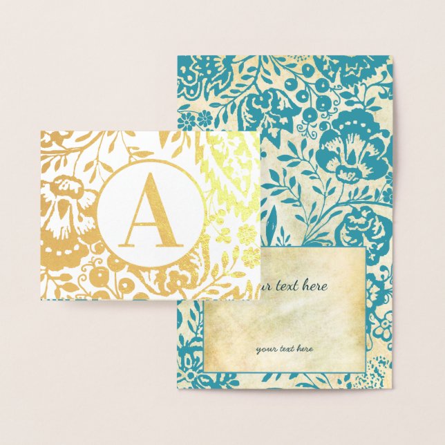 Carte Dorée Élégant or ou argent Turquoise monogramme floral (Affichage)