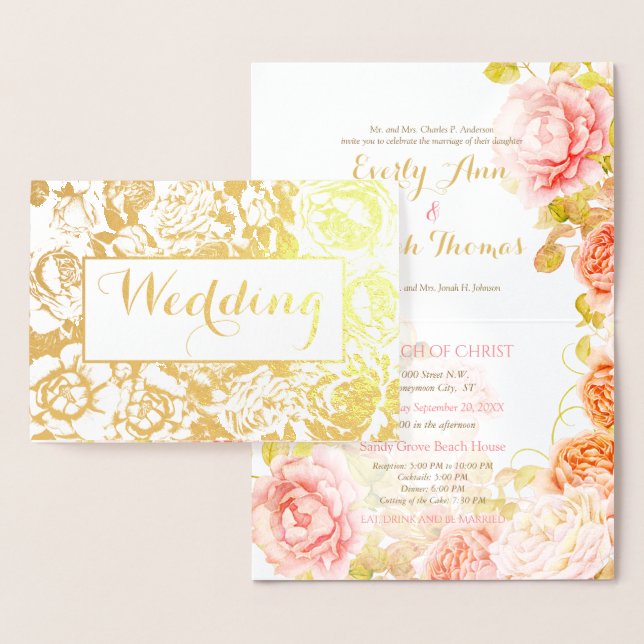 Carte Dorée Élégant rose, Coral Gold Rose Mariage (Affichage)
