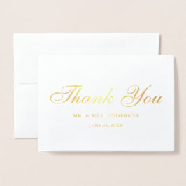 Carte Dorée Élégant Script Mariage Photo Merci Or