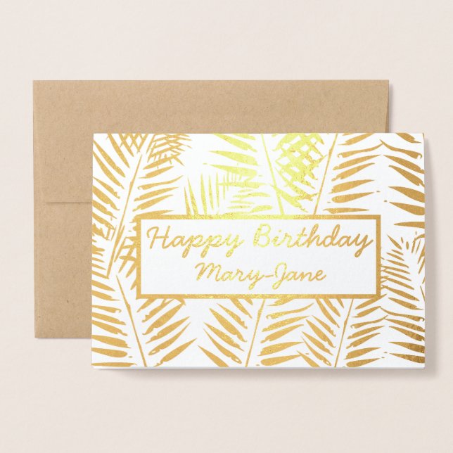 Carte Dorée Elégant Tropical Joyeux Anniversaire Feuilles Impr (Devant avec enveloppe)