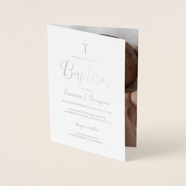 Carte Dorée Élégant vrai argent feuille métallique Baby Baptis (Devant)
