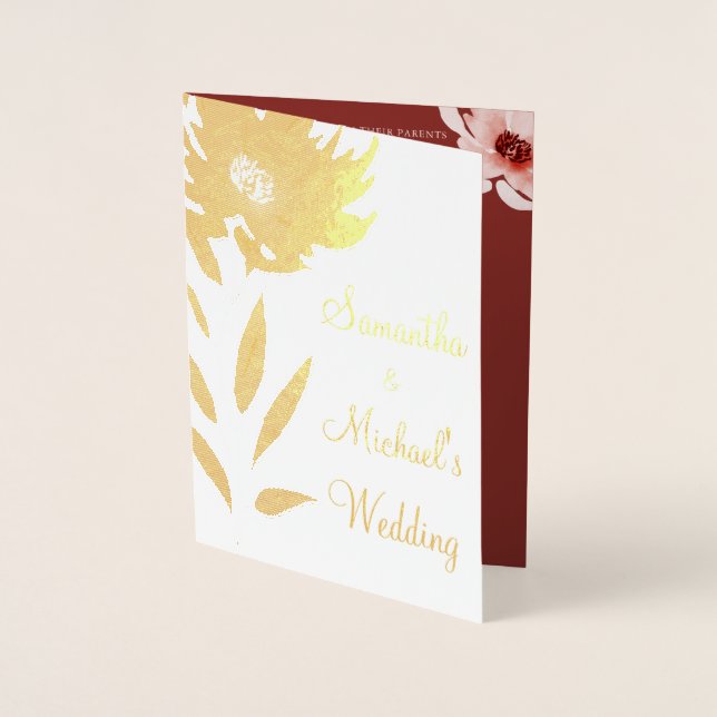 Carte Dorée Elégante couleur rose rouge Mariage floral (Devant)