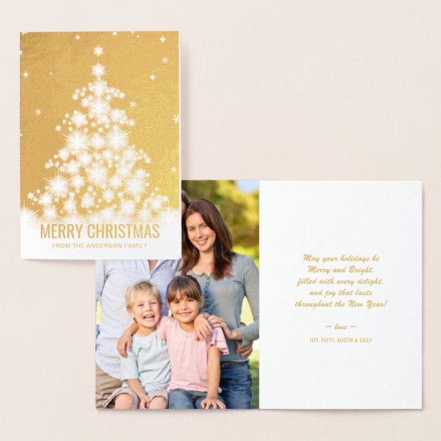 Carte Dorée Elégante Foil Joyeux sapin de Noël photo de vacanc (Affichage)