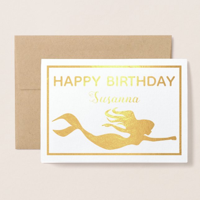 Carte Dorée Élégante Sirène d'or Joyeux anniversaire Real (Devant avec enveloppe)