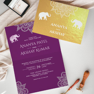 Carte Dorée Éléphant Henna Violet Mariage Indien Or