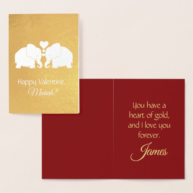 Carte Dorée Eléphants d'or personnalisés avec coeur Valentine (Affichage)