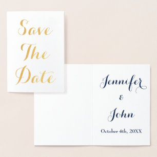 Carte Dorée Enregistrer La Date Gold Foil Bleu Blanc Élégant