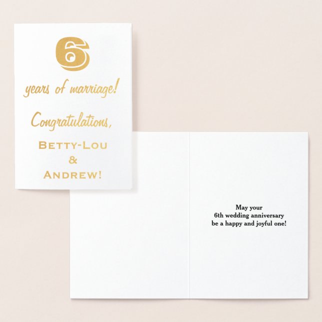 Carte Dorée Feuille d'Or 6e Anniversaire de Mariage + Noms Per (Affichage)