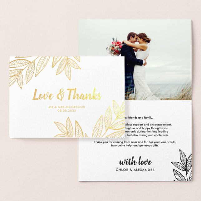 Carte Dorée Feuille d'or Love & Merci photo Mariage (Affichage)