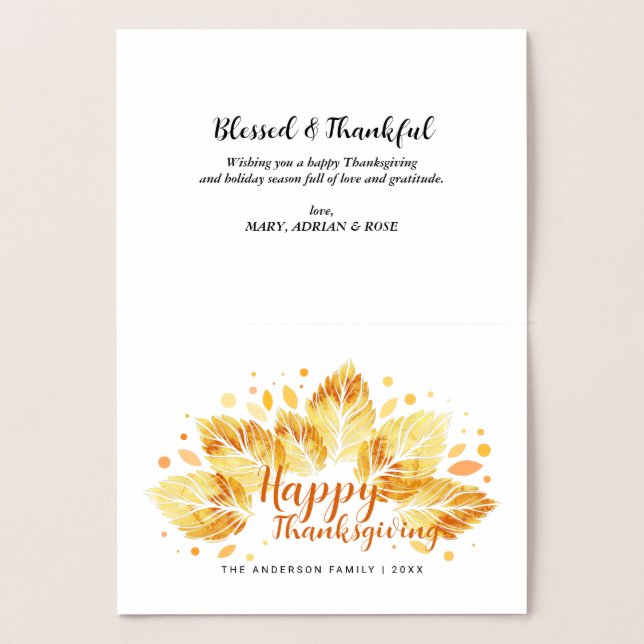 Carte Dorée Feuilles d'automne Bon thanksgiving cadeau de vaca (Intérieur)