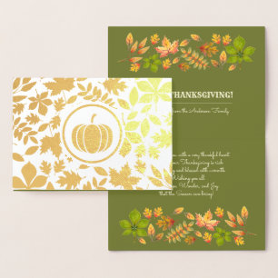 Carte Dorée Feuilles d'automne & Citrouille Luxe Thanksgiving 