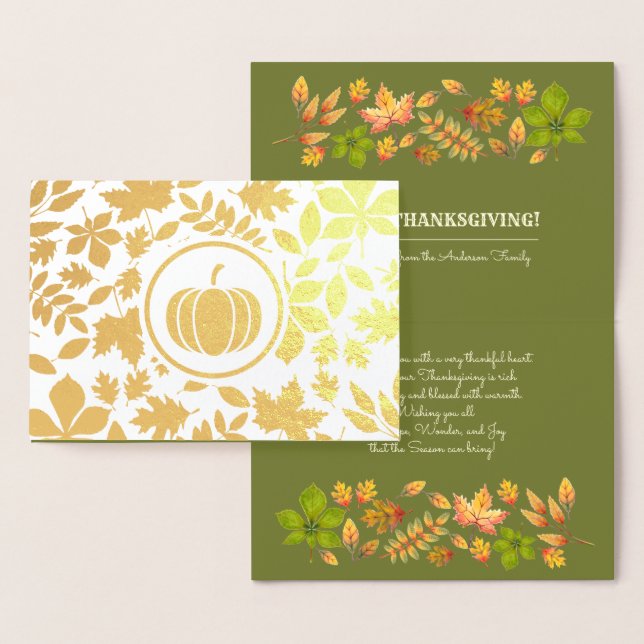 Carte Dorée Feuilles d'automne & Citrouille Luxe Thanksgiving  (Affichage)